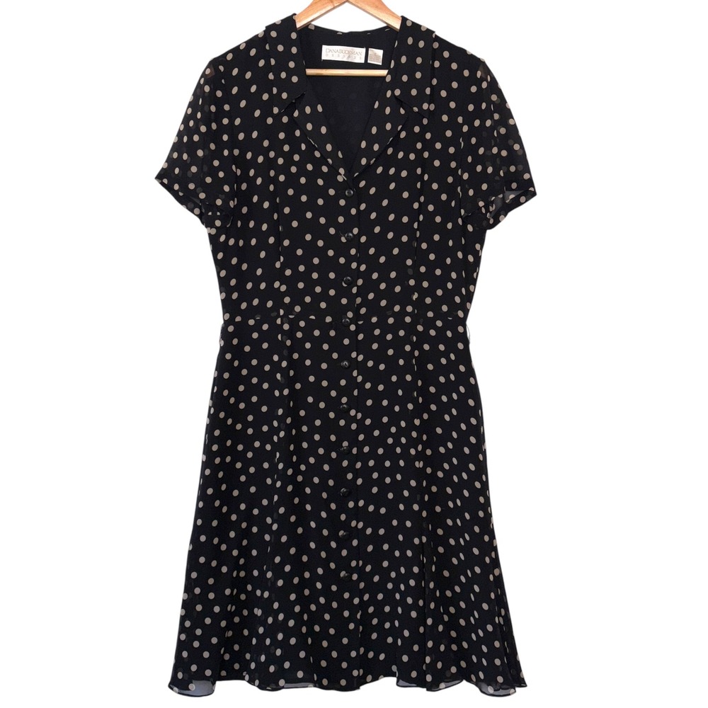 Dana Buchman Dress Women Polka Dot Good Silk Button Front Retro Size 12 Black